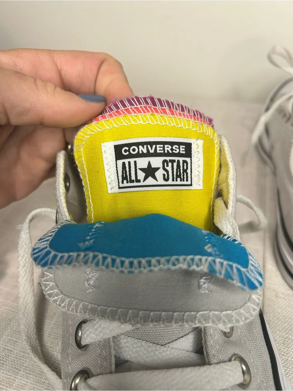 Converse Low Top Sneakers in Light Gray with Rainbow Tongue